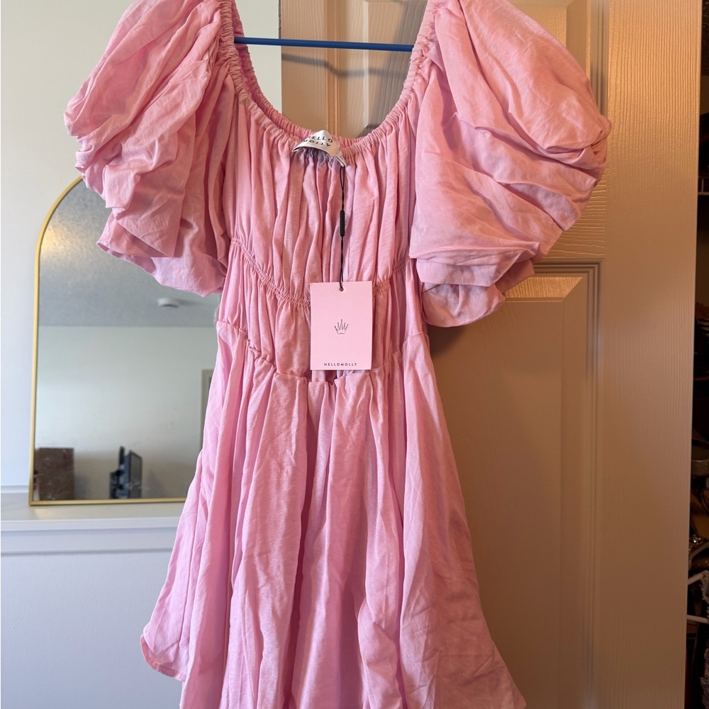 Hello Molly Pink Puff-Sleeve Mini Dress